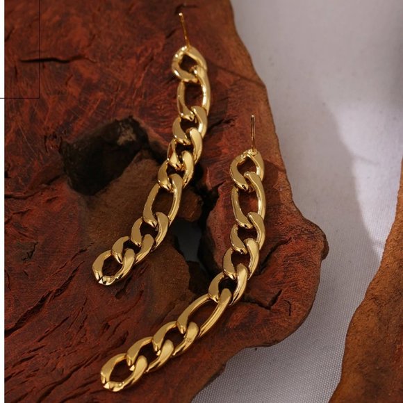 NEW 18K Gold Plated Link Chain Drop Earrings - Picture 2 of 7